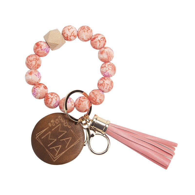 Wholesale Mother's Day Gifts MAMA Wood Chips Pendant Silicone Beads Bracelet Key Chain